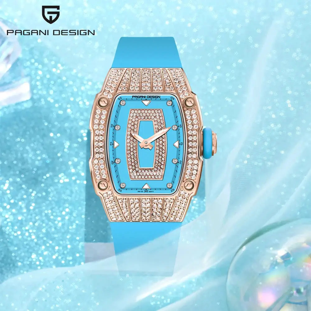 PAGANI DESIGN Top Luxury Diamond encrusted Women's Watch Fashion RubberWaterproof LuminousWine Bucket Case Women'sWatch+Gift Box by All Mart Bristol Ltd