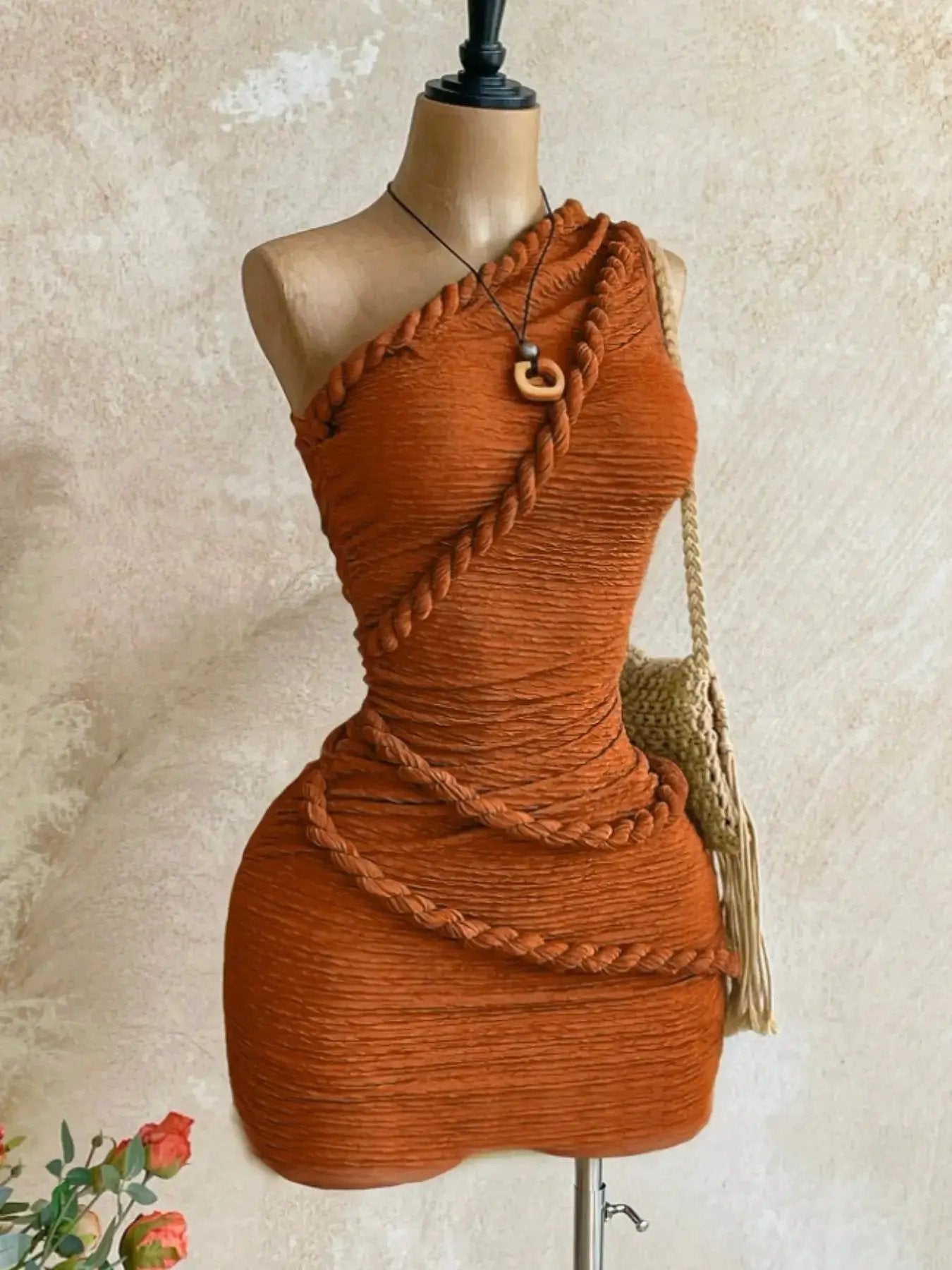 New Boho Style Knot Shoulder Mini Dress, Summer Women'S Vintage Holiday, Fitted Plain Design, Casual Fashion for Vacation by All Mart Bristol Ltd