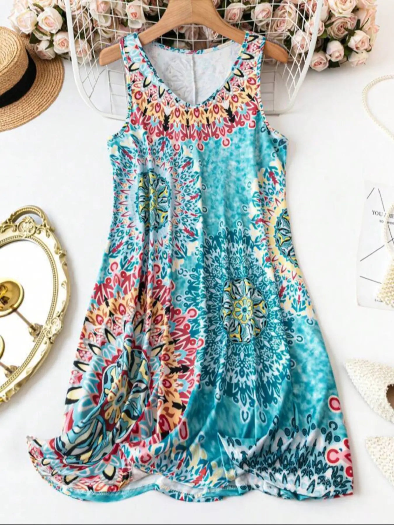 Plus Size Women'S All over Print Sleeveless Vest Dress, Basic Boho Tank Dress, Perfect for Vacation and Home Use, Comfortable and Stylish, Casual Wear by All Mart Bristol Ltd