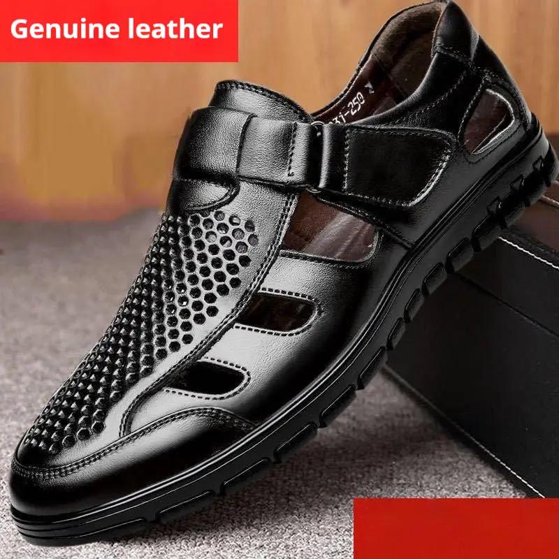Men's Business Casual Hollow Work With Holes Leather Sandals by Dropshipman