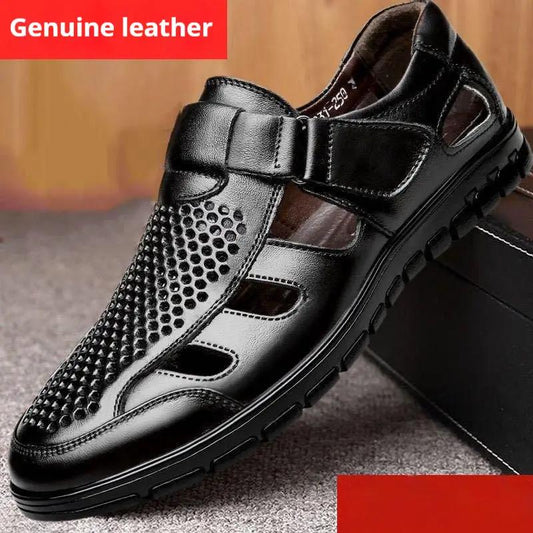 Men's Business Casual Hollow Work With Holes Leather Sandals by Dropshipman