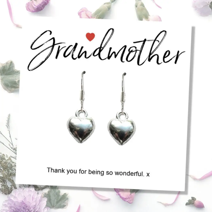Grandmother Message Card with Heart Earrings by Aye Do Gifts