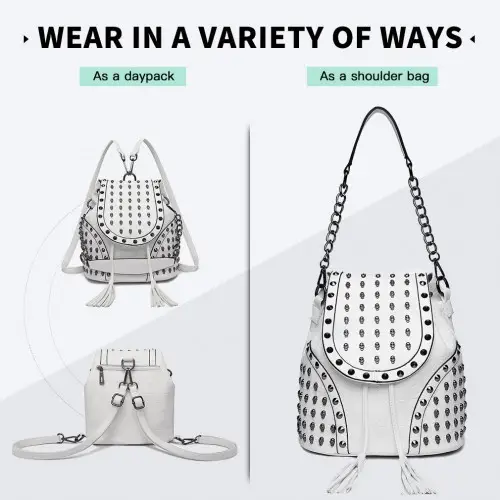 L1414 - Miss Lulu Skull Studded Backpack Shoulder Bag - Beige by All Mart Bristol Ltd