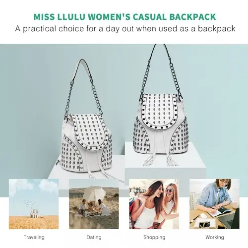 L1414 - Miss Lulu Skull Studded Backpack Shoulder Bag - Beige by All Mart Bristol Ltd