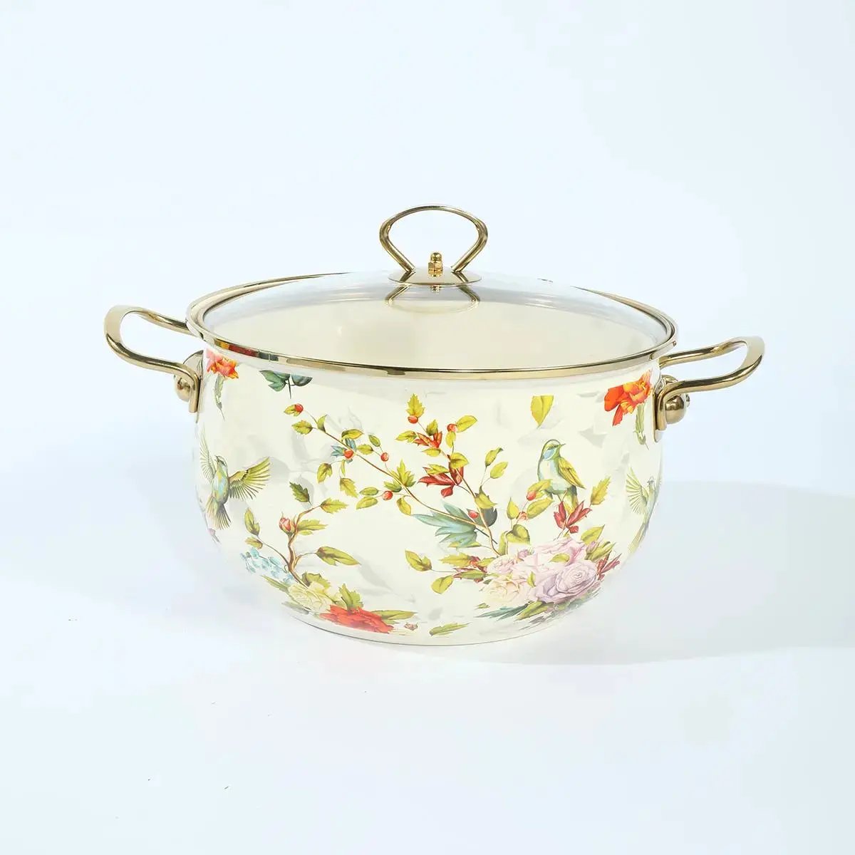 Floral Pattern Ceramic Stockpot, 1 Count Large Capacity Soup Pot Stew Pot with Glass Lid & Metal Handle, Household Cookware for Kitchen by All Mart Bristol Ltd