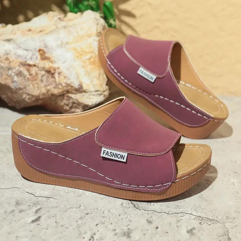 Summer Wedge Slides Slippers Fashion Fish Mouth Thick Bottom Roman Shoes Solid Color Beach Sandals For Women by Dropshipman