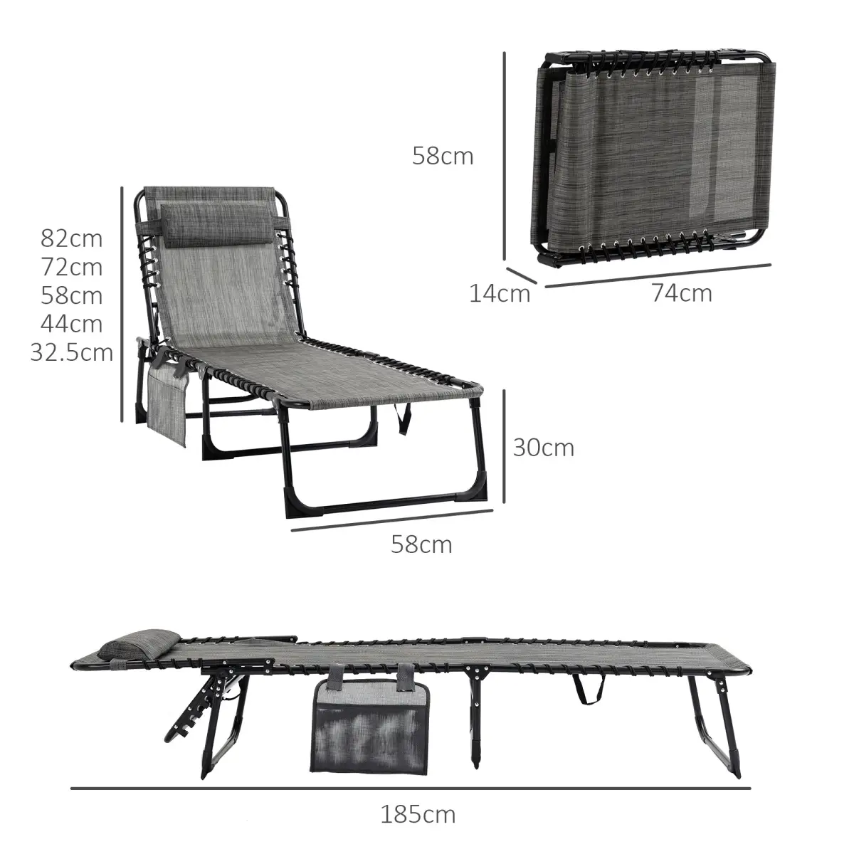 Portable Sun Lounger, Folding Camping Adjustable , Pillow Grey by Outsunny