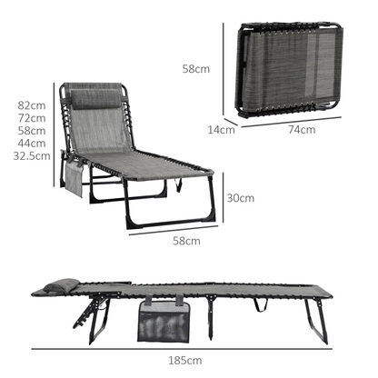 Portable Sun Lounger, Folding Camping Adjustable , Pillow Grey by Outsunny