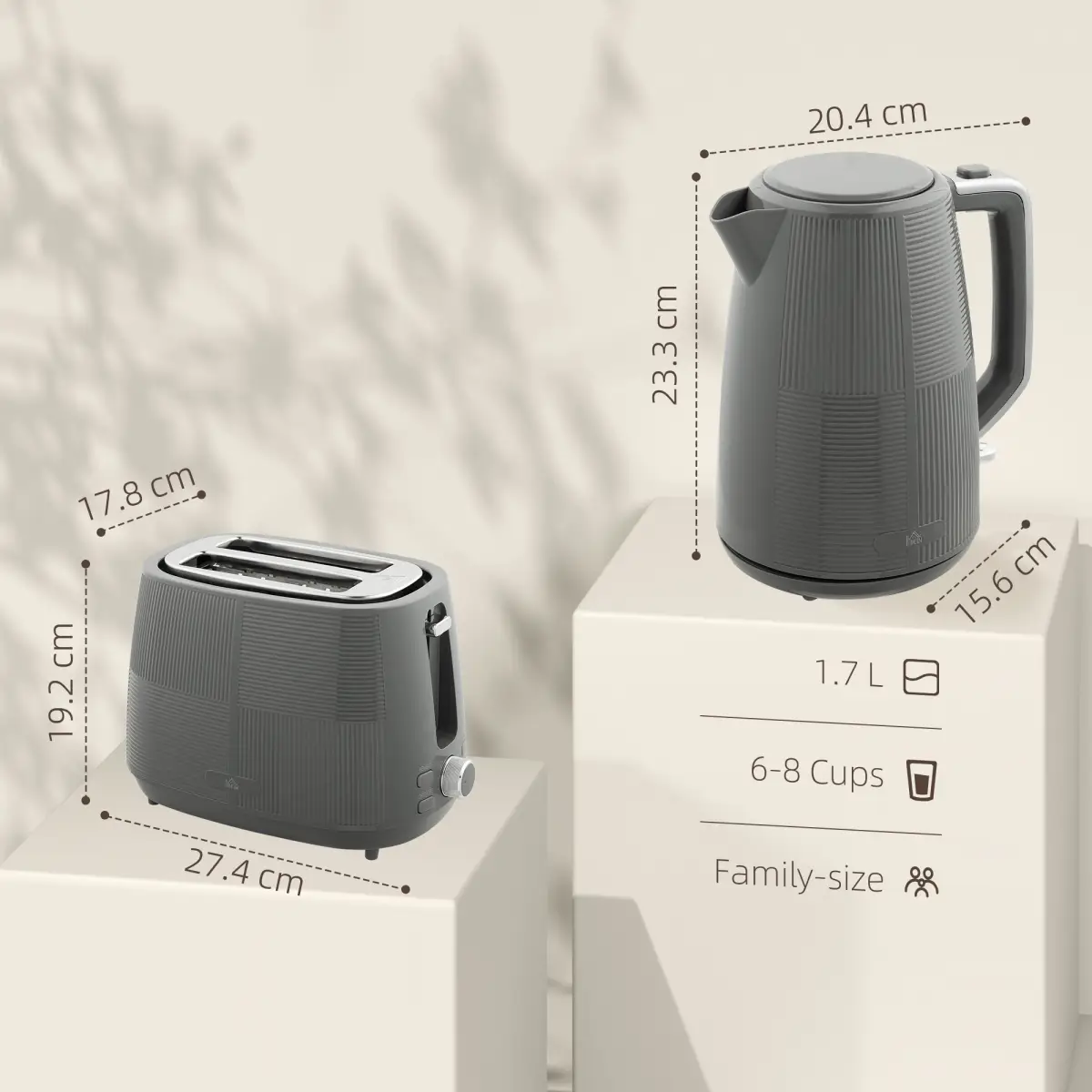 HOMCOM 1.7L Fast Boil Electric Kettle and 2 Slice Water Toaster Set, Grey by HOMCOM