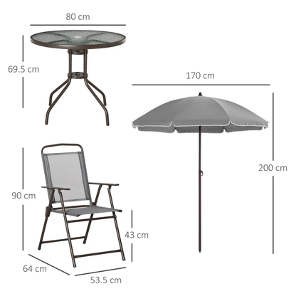 6Pc Patio Dining Set with Umbrella, 4 Folding Chairs Glass Table by Outsunny