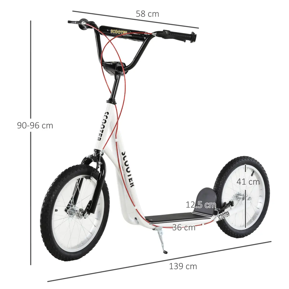 HOMCOM 90-96cm Kids Kick Scooter Adjustable Handlebar Inflatable Wheels White by Unbranded
