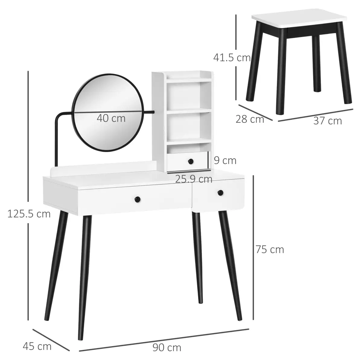 Dressing Table Set with 3 Drawers, Storage shelves and Stool, White by Unbranded