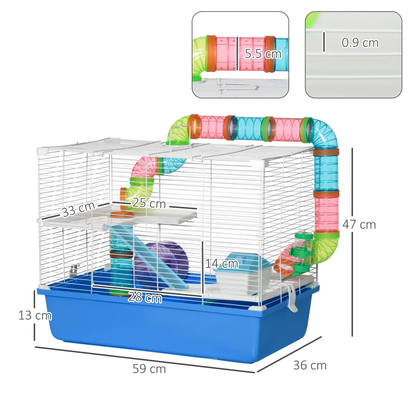 Hamster Cage Rodents House w/ Tubes Exercise Wheel, Water Bottle - Blue by Pawhut
