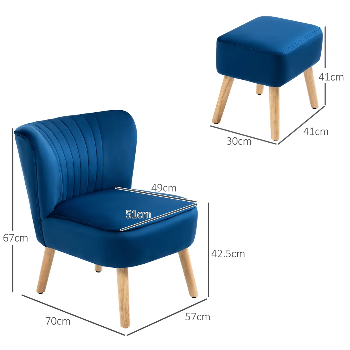 Velvet-Feel Accent Chair w/ Ottoman Tub Seat Padding Wood Legs Dark Blue by HOMCOM