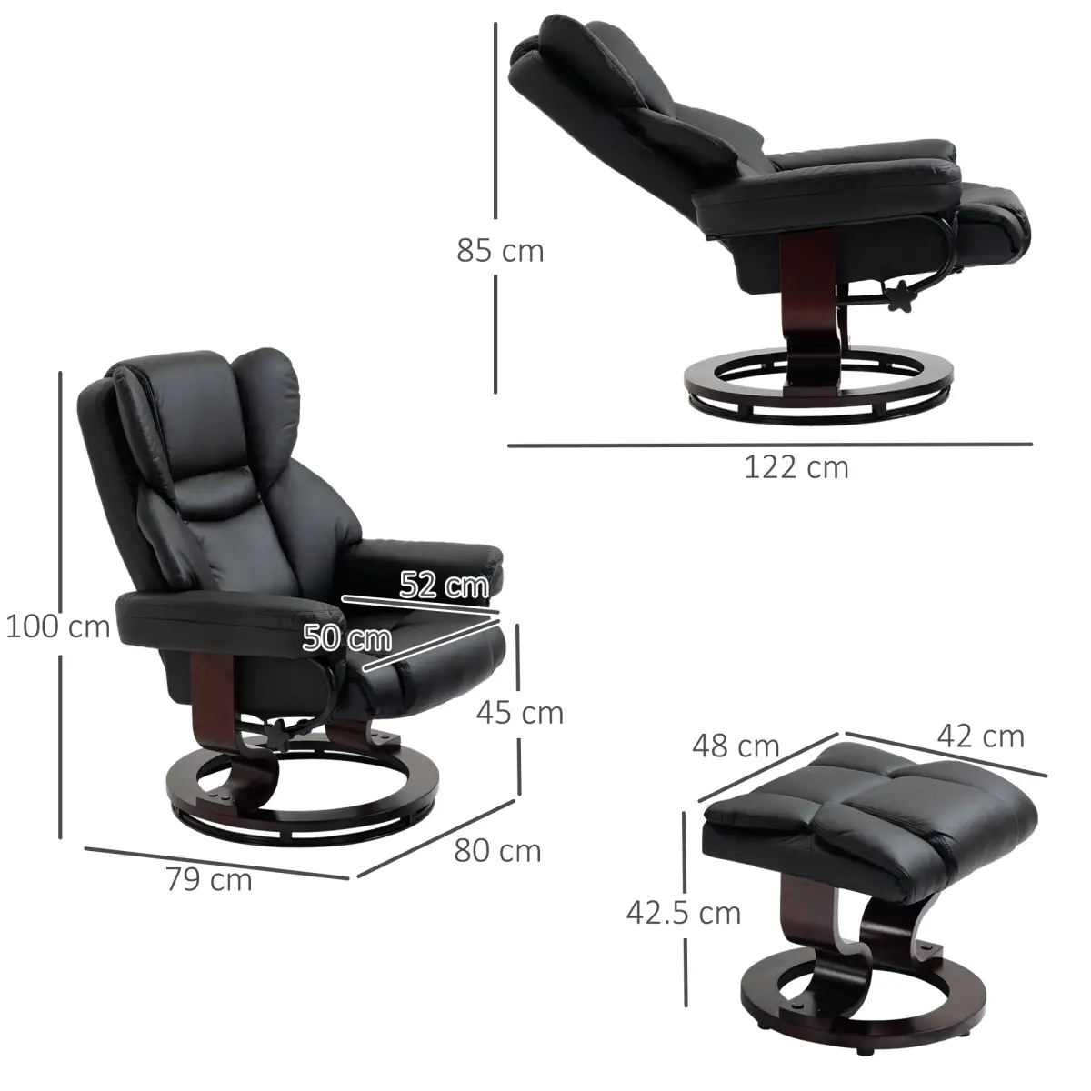 Padded PU Leather Manual Reclining Armchair Sofa Chair w/ Footstool Black by Unbranded