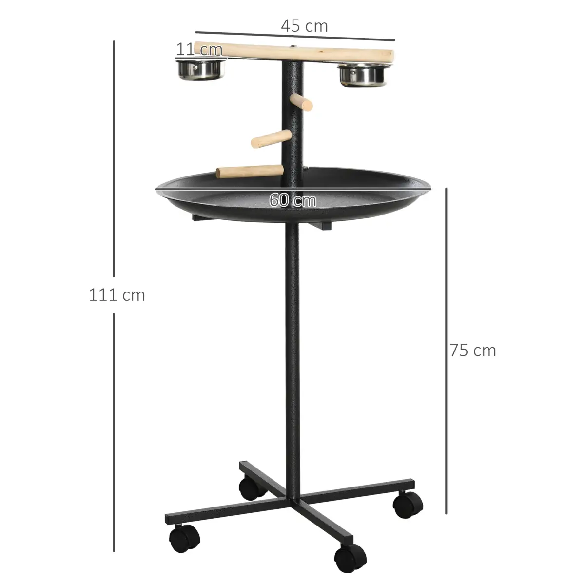Bird Play Stand Portable Feeder Station w/ Wooden Perches, Stainless Steel Bowls by Pawhut