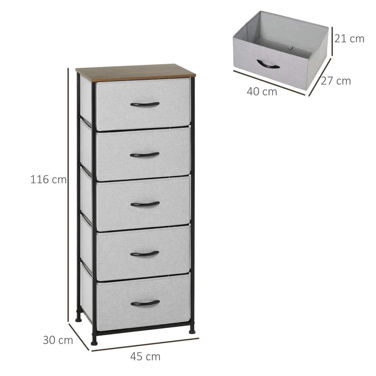 HOMCOM 5 Drawer Fabric Chest of Drawers w/ Wooden Top for Closet Hallway Grey by HOMCOM