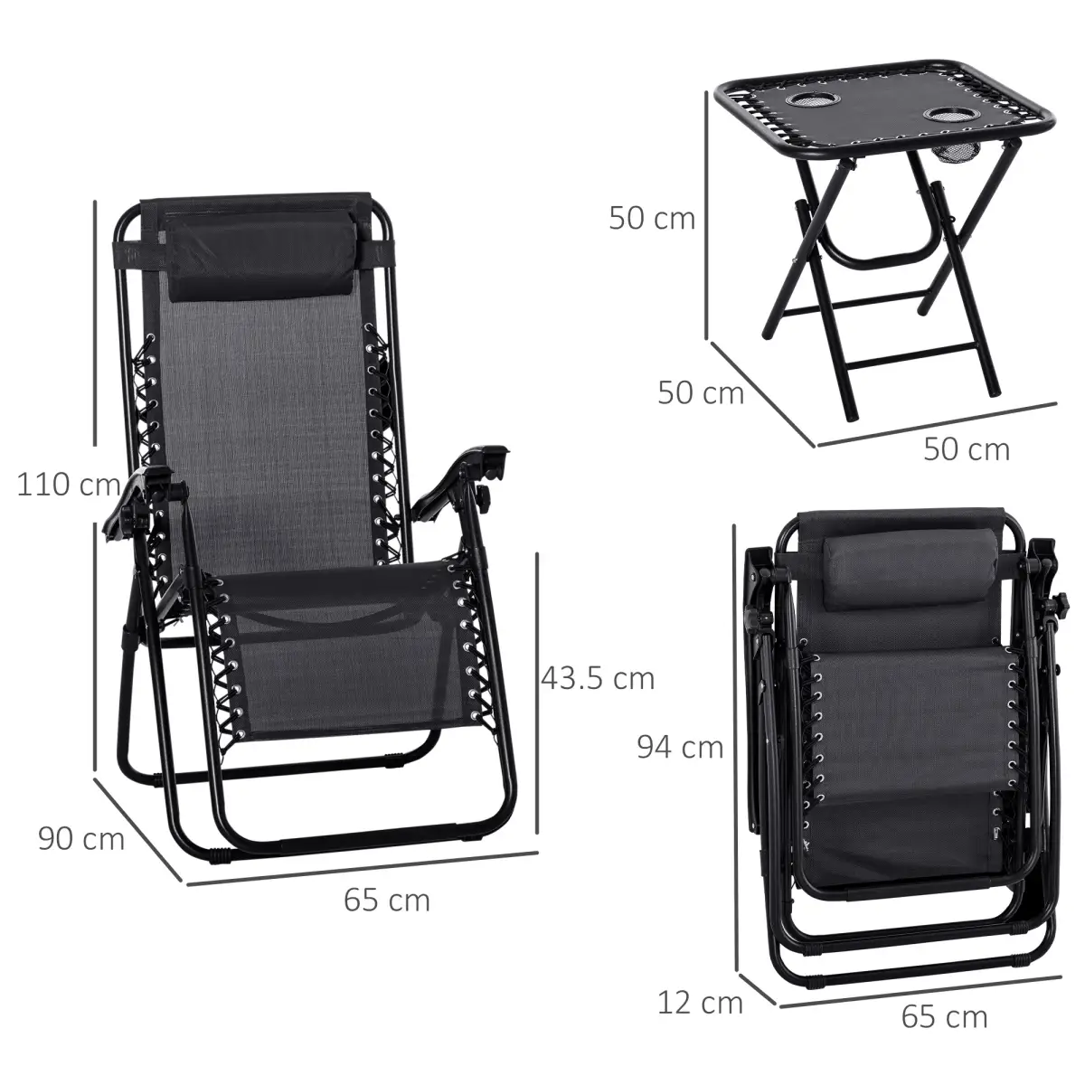 3PC Zero Gravity Chairs Sun Lounger Table Set w/ Cup Holders, Black Outsunny by Unbranded