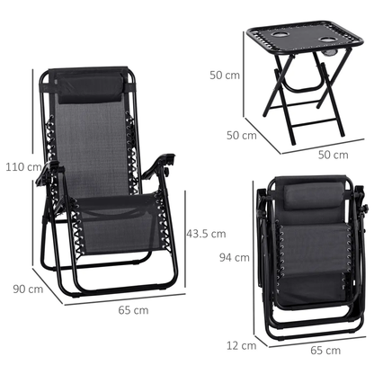 3PC Zero Gravity Chairs Sun Lounger Table Set w/ Cup Holders, Black Outsunny by Unbranded