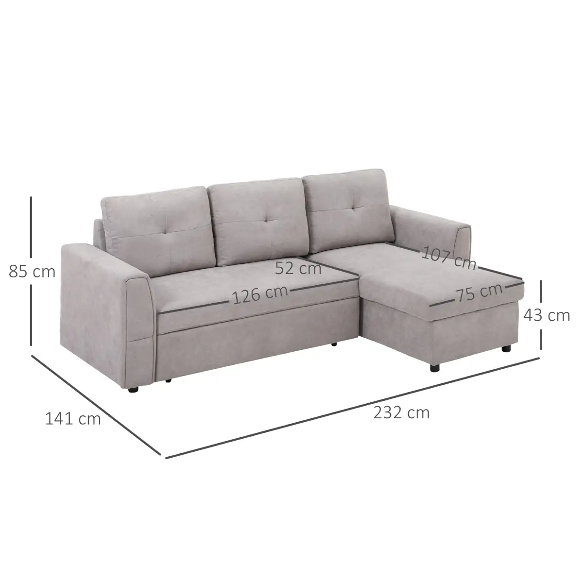 HOMCOM Linen-Look L-Shaped Sofa Bed w/ Storage Bed Sleeper Flat Studio Grey by Unbranded
