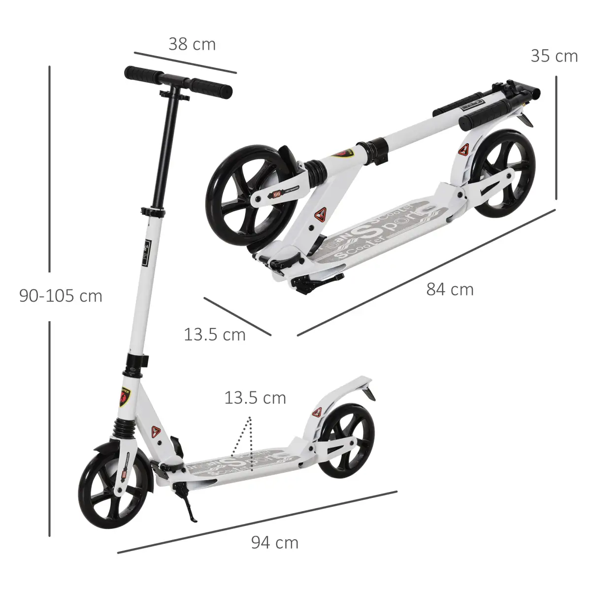Kick Scooter Folding 2 Big Wheels Adjustable Adult Teens For 14 White HOMCOM by Unbranded
