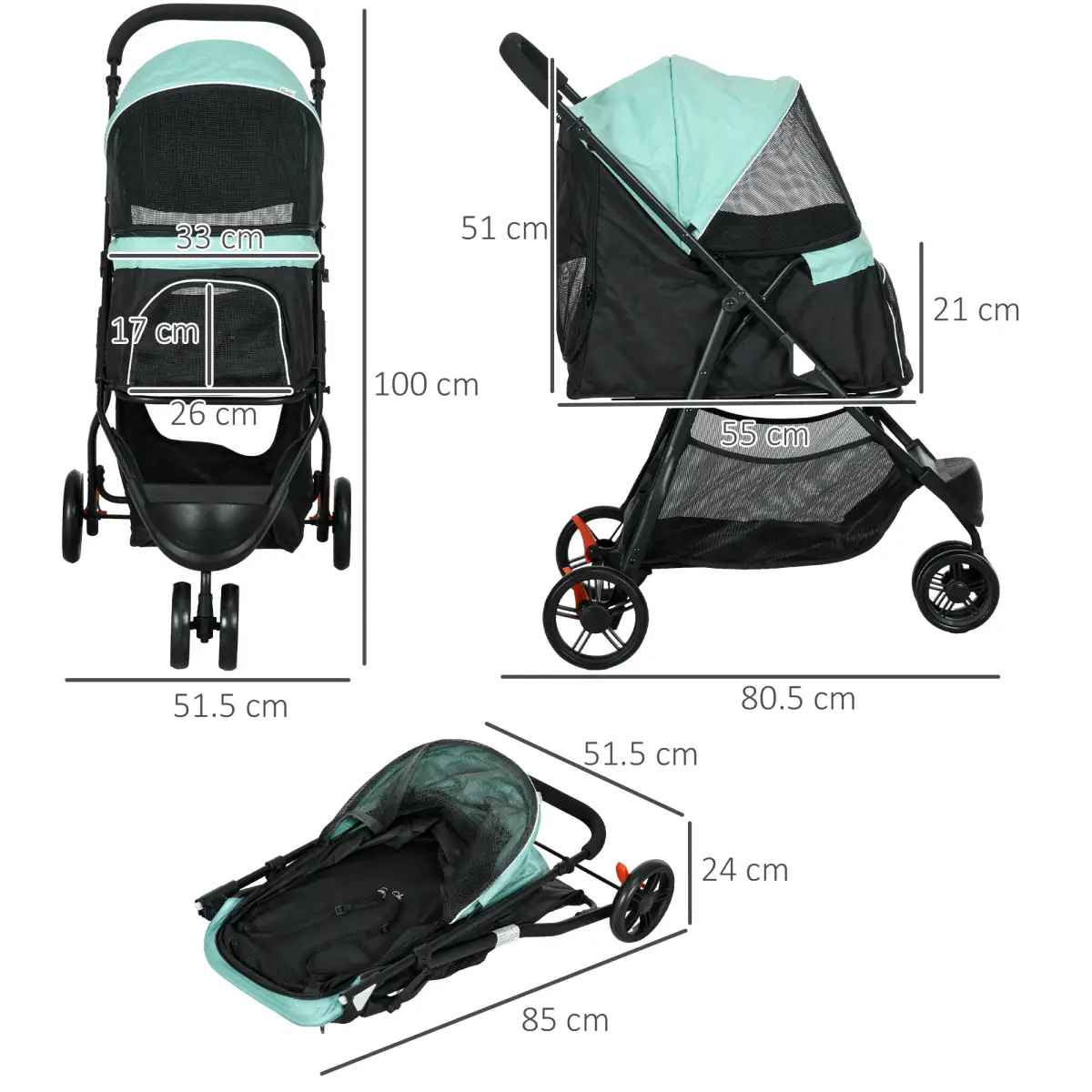 PawHut Dog Stroller for XS Dogs, S Dogs, Cats with Rain Cover - Green by PawHut