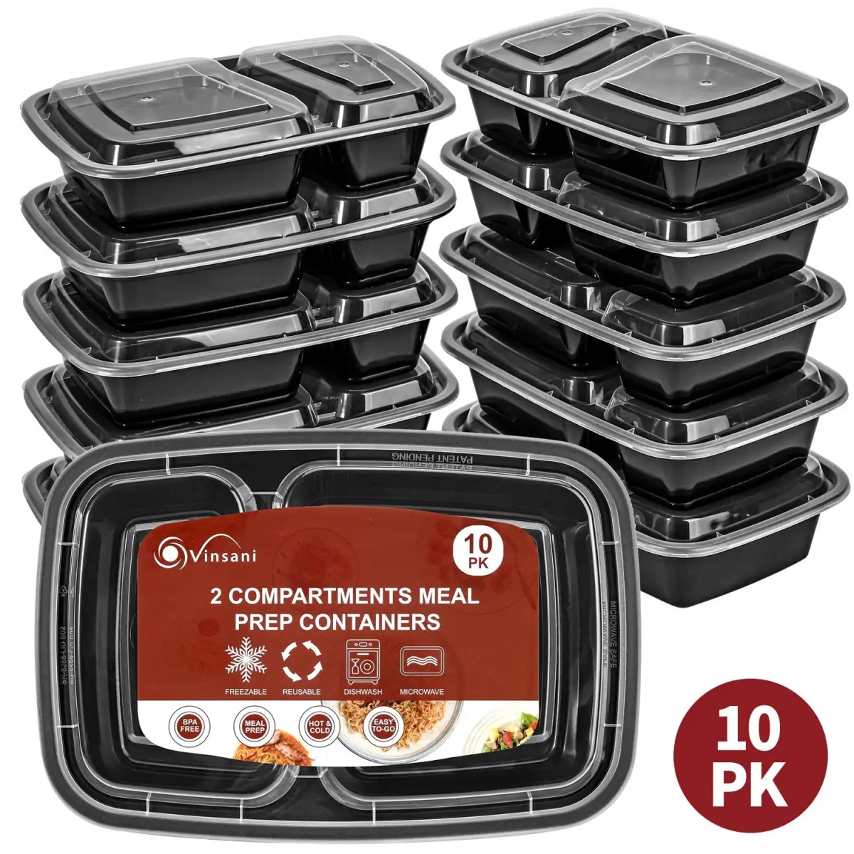 VINSANI 30pk 2 COMPARTMENTS MEAL PREP CONTAINERS 1010476 by Vinsani