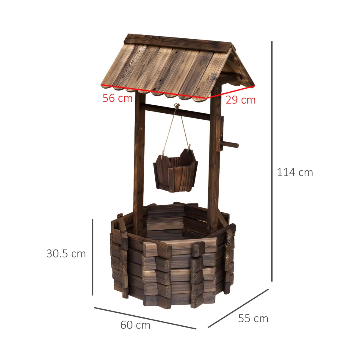 Wishing Well Planter Bucket, 60Lx55Wx 114H cm-Brown by Outsunny