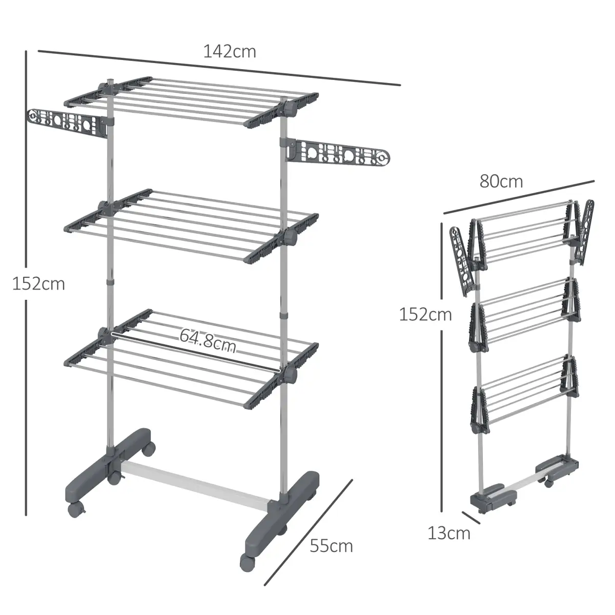 HOMCOM 3-Tier Large Clothes Airer Stainless Steel Clothes Drying Rack Grey by HOMCOM