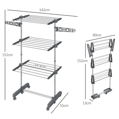 HOMCOM 3-Tier Large Clothes Airer Stainless Steel Clothes Drying Rack Grey by HOMCOM