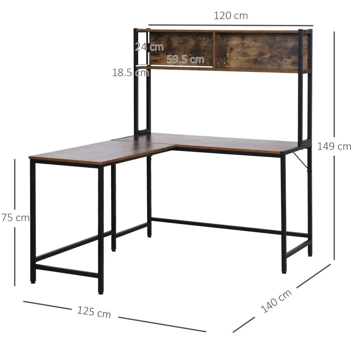 149x140x125cm Industrial L-Shaped Desk w Shelf - Brown & Black by HOMCOM