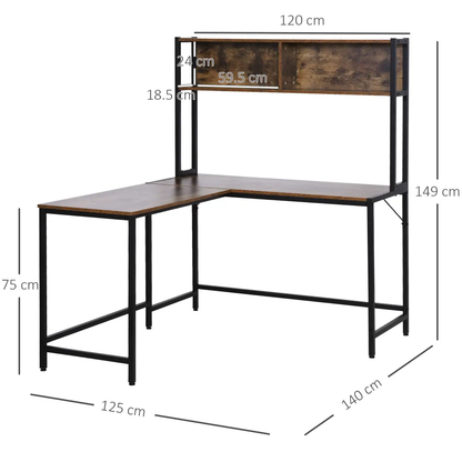 149x140x125cm Industrial L-Shaped Desk w Shelf - Brown & Black by HOMCOM