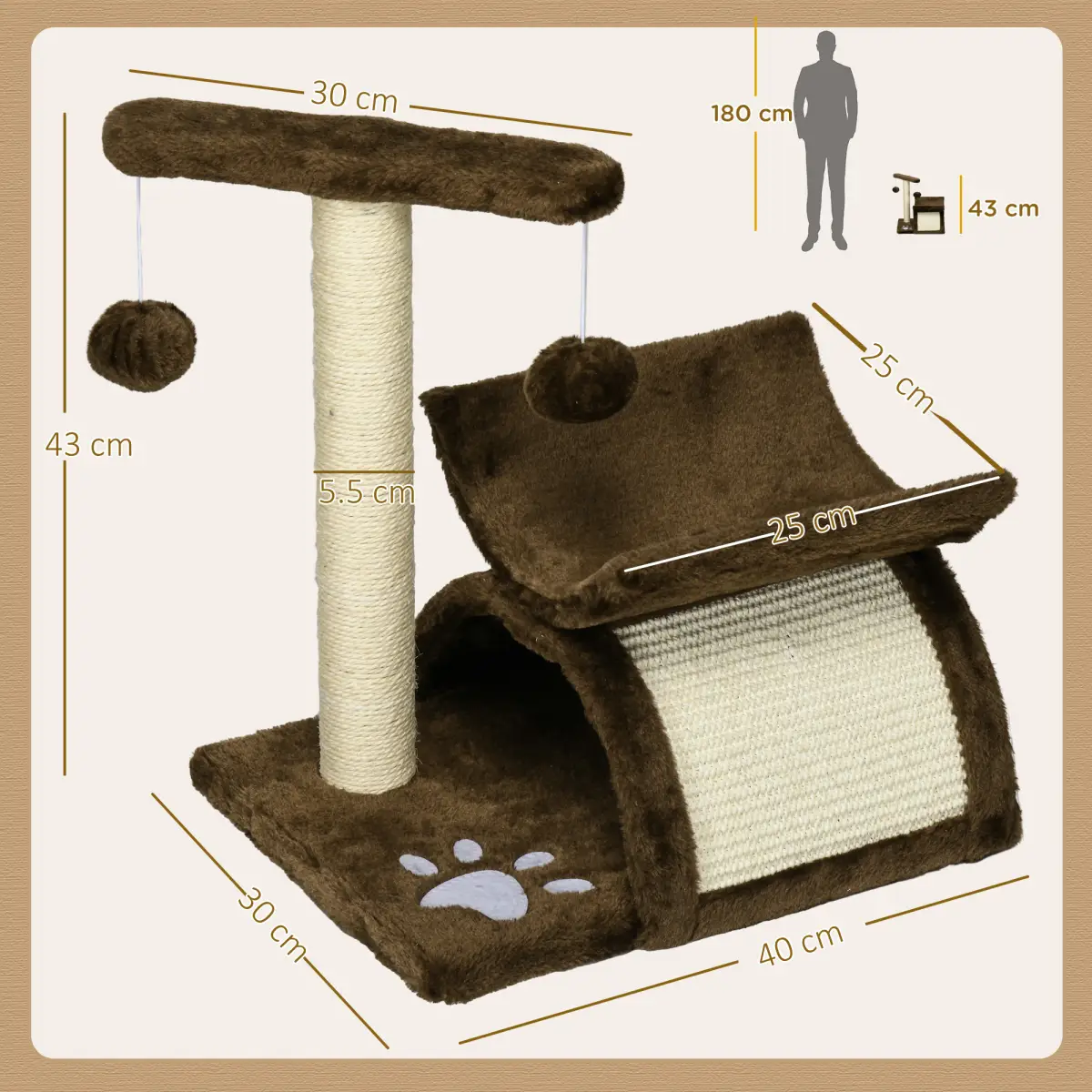 Cat Tree Plush Scratcher Kitty Activity Play Center Top Bar Tunnel Dangling Ball by Pawhut