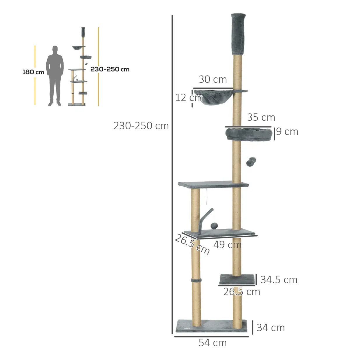 6-Tier Floor to Ceiling Cat Tree with Scratching Post, Bed, Hammock, Grey by PawHut