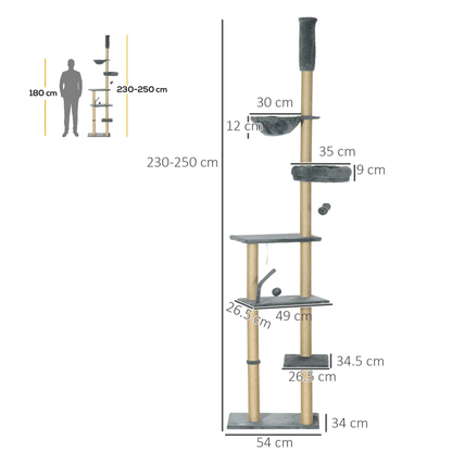 6-Tier Floor to Ceiling Cat Tree with Scratching Post, Bed, Hammock, Grey by PawHut