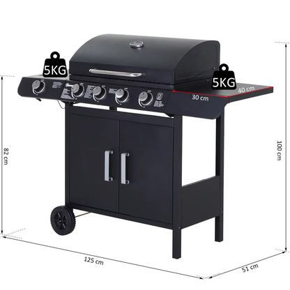 4 Gas BBQ Grill with Wheels, Steel-Black by Outsunny