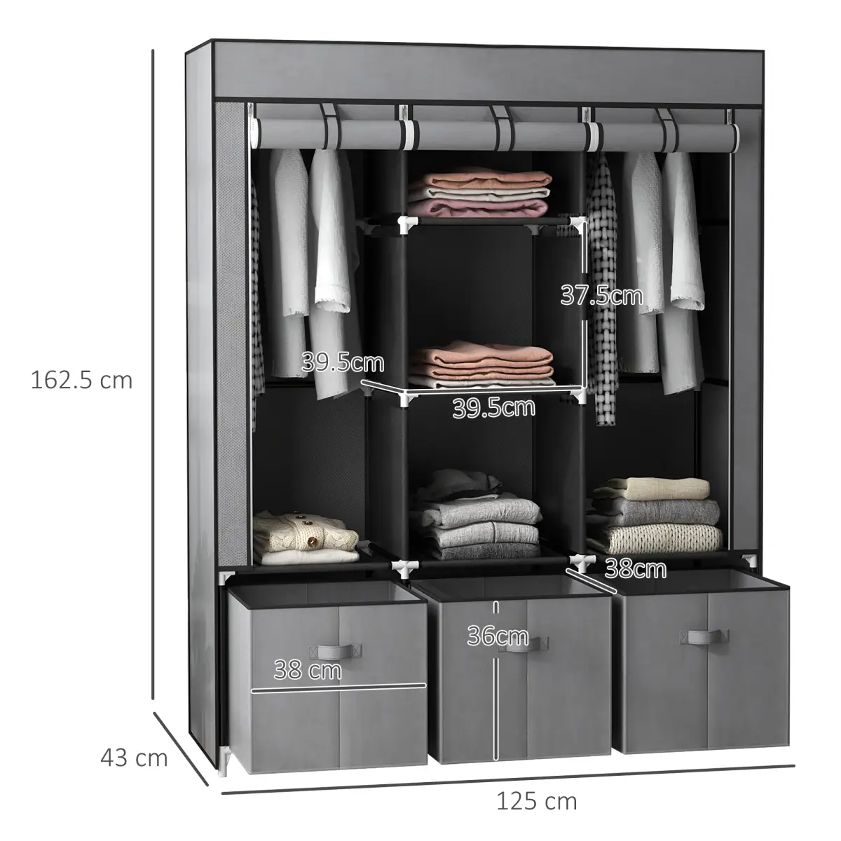 HOMCOM Portable Wardrobe w/ 5 Shelves 3 Fabric Drawers and 2 Hanging Rails Grey by HOMCOM