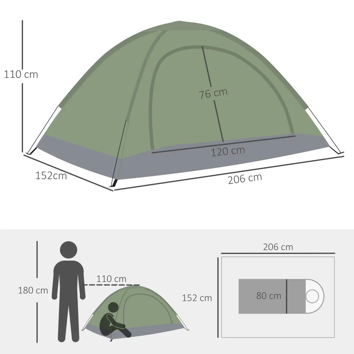 Outsunny Camping Tent for 2 Person Dome Tent w/ Storage Pocket Dark Green by Outsunny