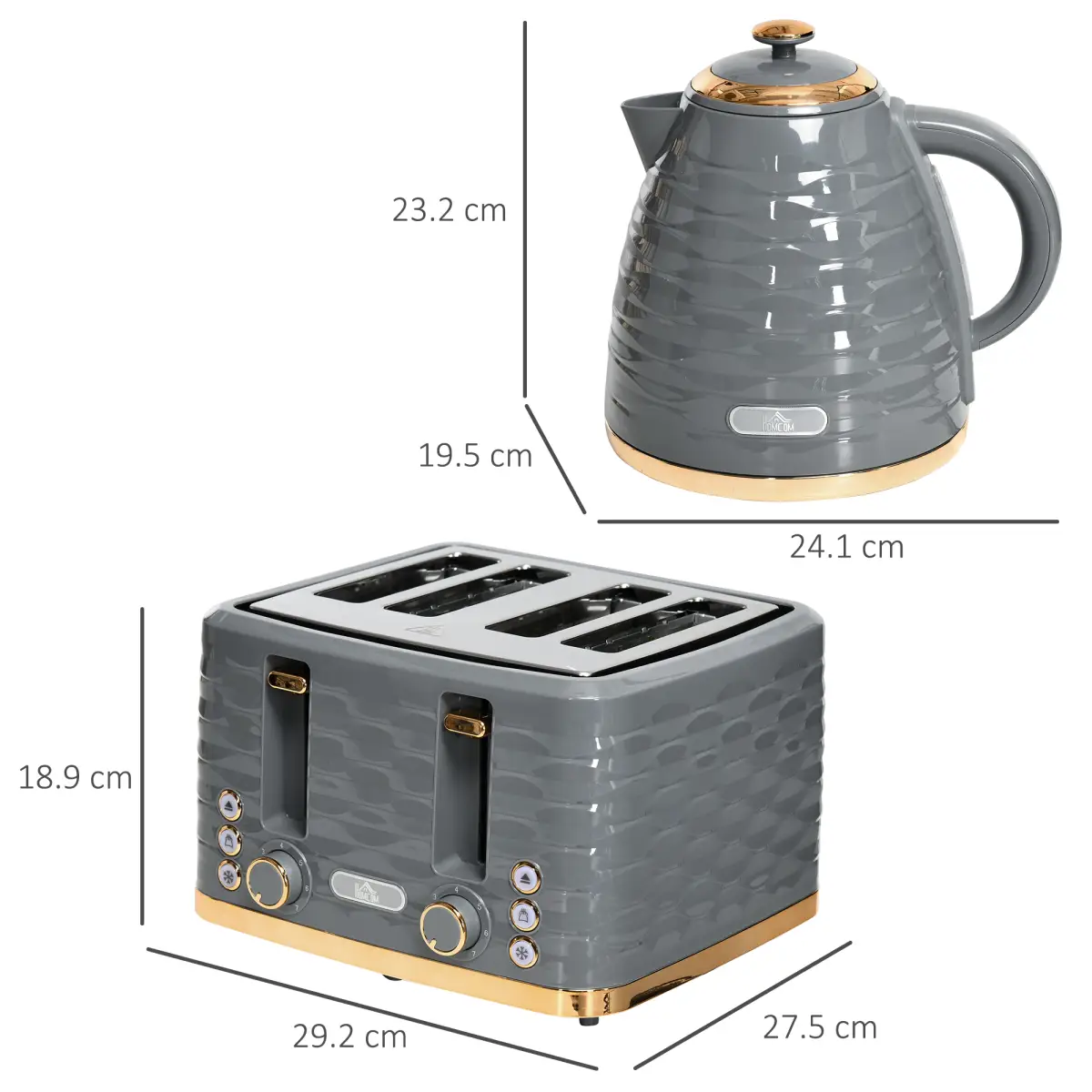 HOMCOM Kettle and Toaster Set 1.7L Rapid Boil Kettle & 4 Slice Toaster Grey by HOMCOM