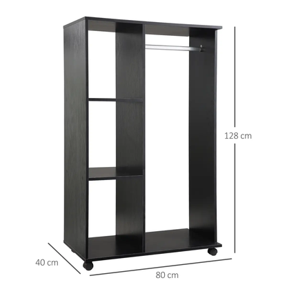 Rolling Open Wardrobe Hanging Rail Storage Shelves for Clothes, Black by HOMCOM