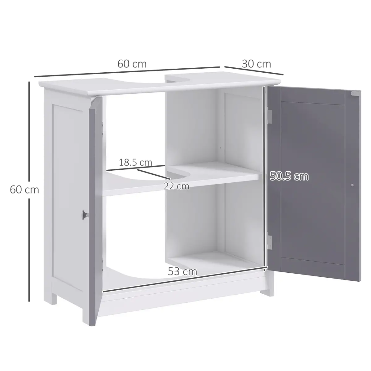 kleankin 60x60cm Under-Sink Storage Cabinet w/ Adjustable Shelf Grey White by Unbranded