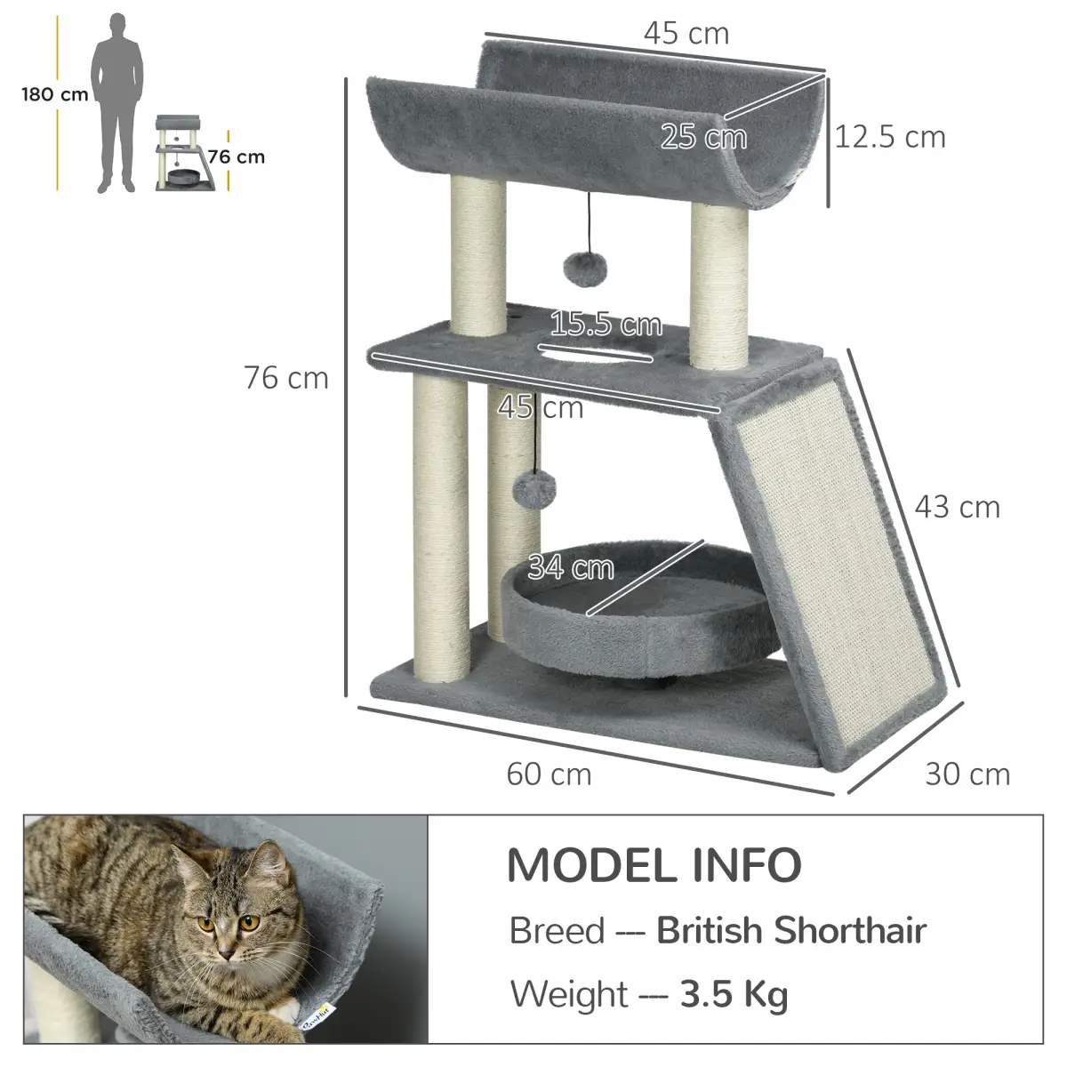 Cat Tree Tower for Indoor Cats w/ Scratching Posts, Pad, Light Grey, Toy Ball by PawHut