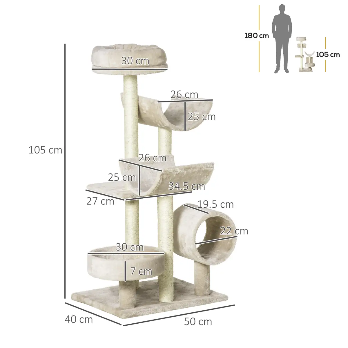 Multi-Level Large Cat Tree Scratching Post Perch Play Center Tunnel Beige by Pawhut