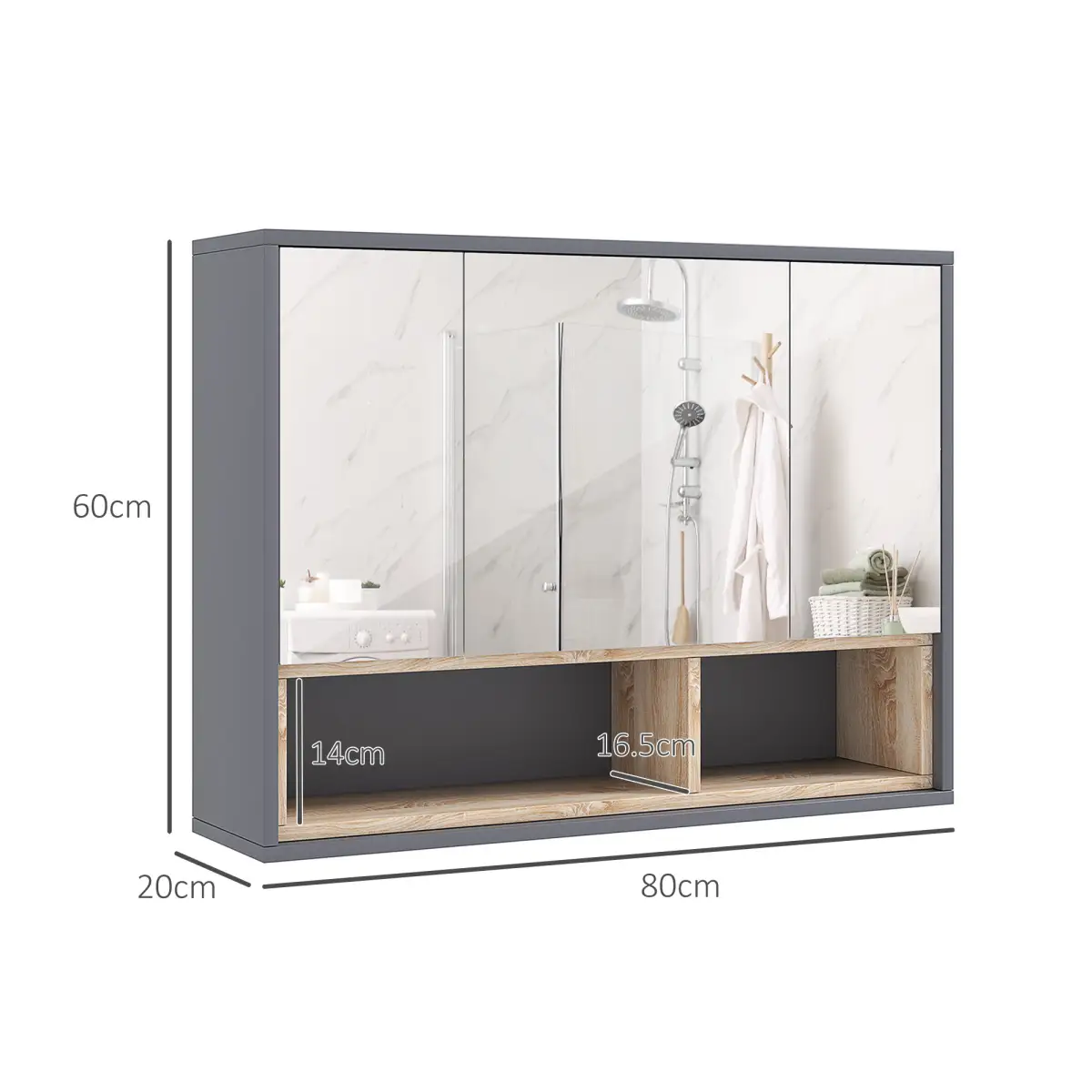 HOMCOM Bathroom Cabinet Wall Mounted Mirror Storage with Shelves Grey by HOMCOM