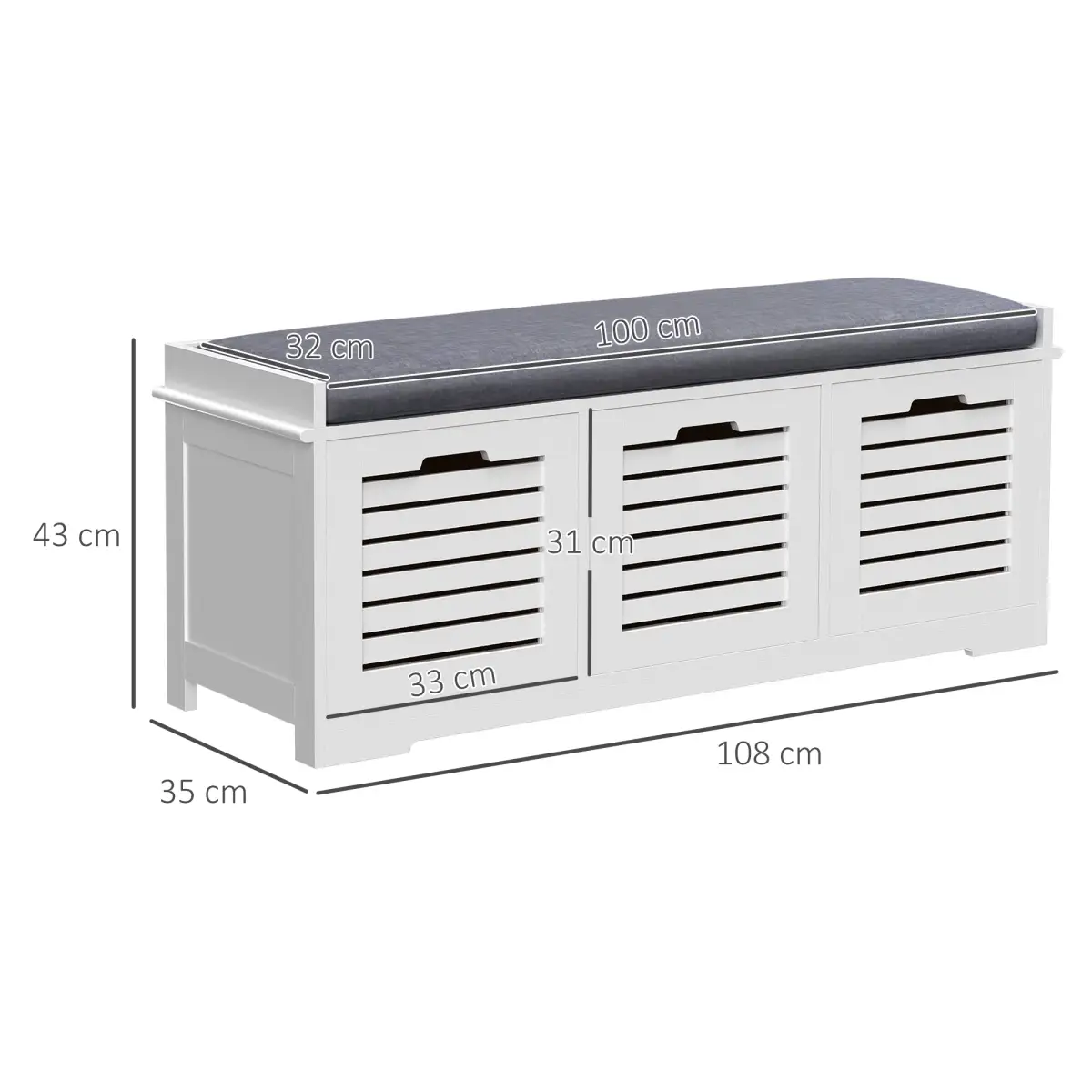 HOMCOM 3-Door Shoe Storage Bench Cushion Seat Slatted Doors Elevated Base White by HOMCOM