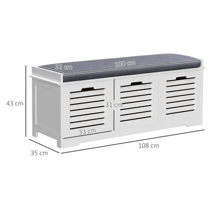 HOMCOM 3-Door Shoe Storage Bench Cushion Seat Slatted Doors Elevated Base White by HOMCOM