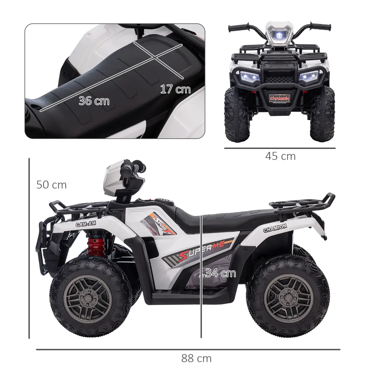 HOMCOM 12V Electric Quad Bike for Kids w/ LED Headlights, Music - White by HOMCOM