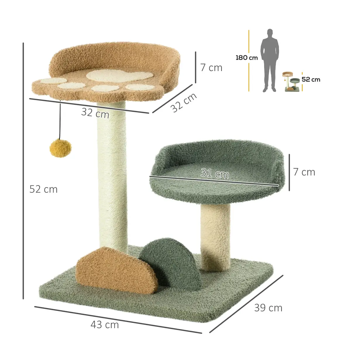 52cm Cat Tree for Indoor Cats, Scratching Posts with Two Bed, Toy Ball by PawHut