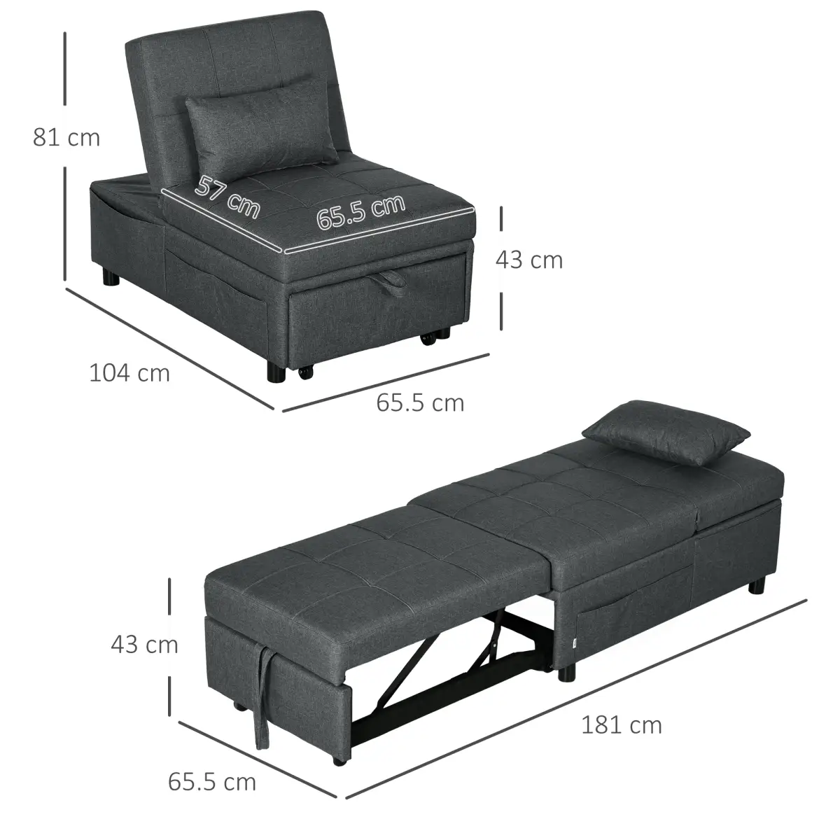 HOMCOM Folding Sofa Bed Adjustable Single Sleeper w/ Pillow Side Pocket, Grey by HOMCOM