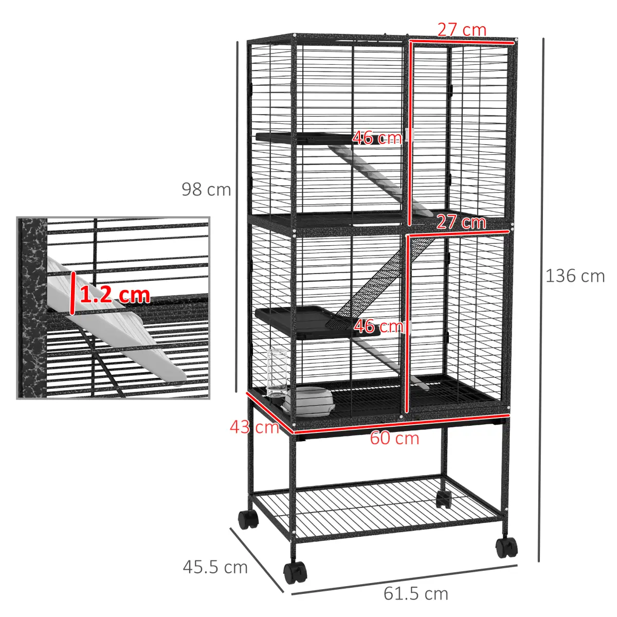 PawHut Ferret Cage 136cm Rolling Small Animal Cage w/ 3 Doors, Storage Shelf by PawHut